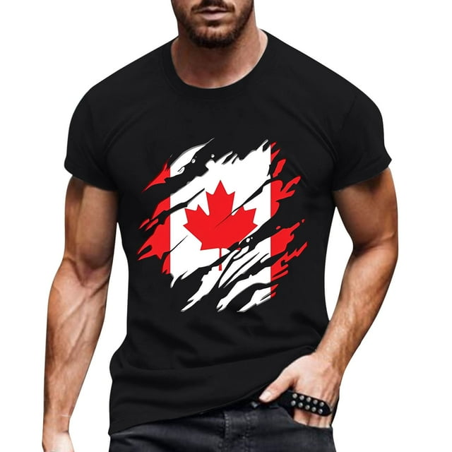 Chandails de la Fête du Canada Hommes Drapeau de la Fête du Canada Manches Courtes T-Shirt Feuille d'Érable Hauts Col Rond Chandail de Golf du Canada Hommes