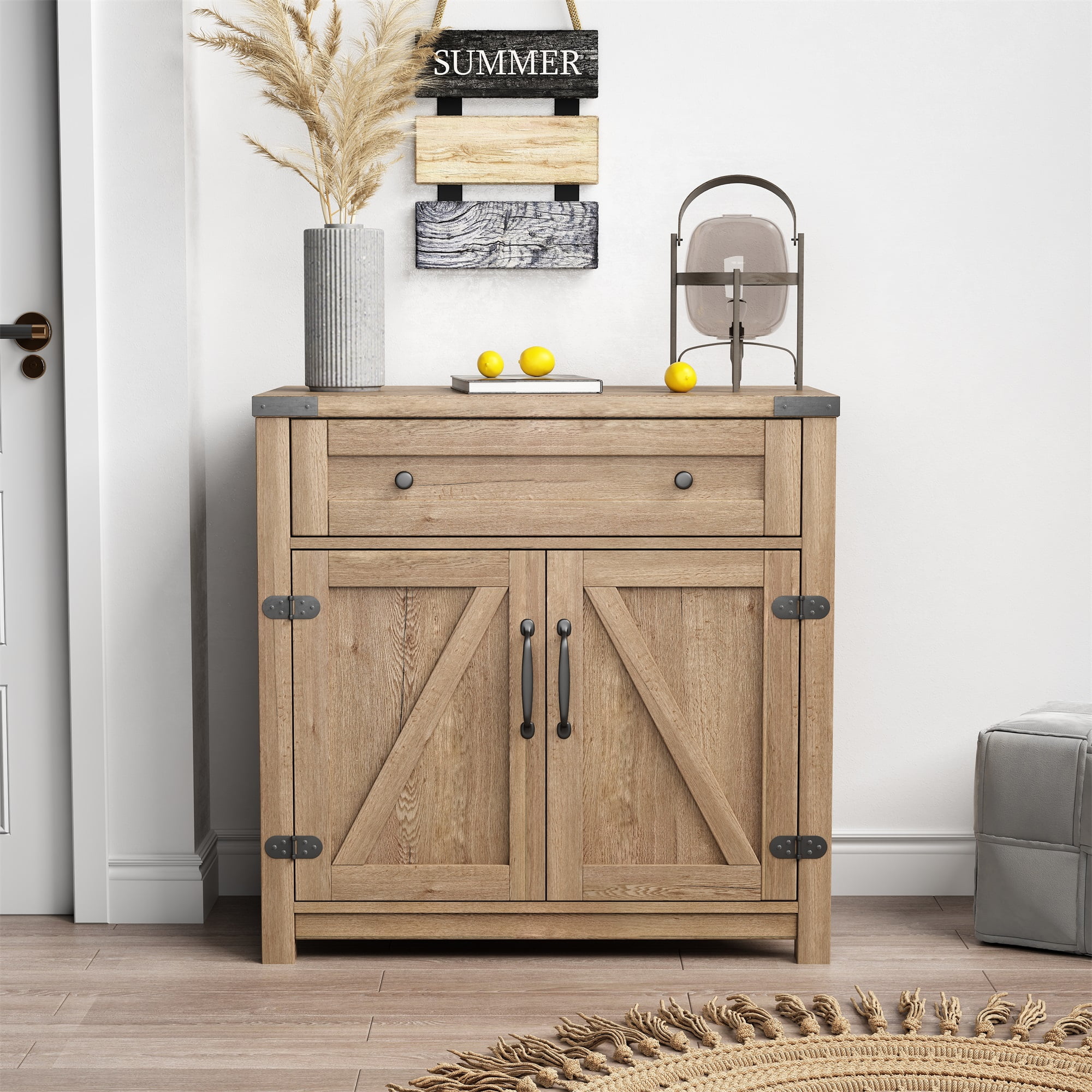 Kadyn 31.50" Modern Farmhouse Double Barn Door Accent Cabinet, Light Brown Sideboard for Living Room
