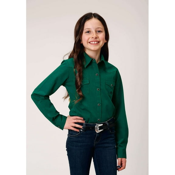 Roper Girls Long Sleeve Snap Black Fill Solid Green Western Shirt