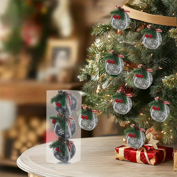 Herunwer Christmas Plaid Ball Ornaments - Black & Red Buffalo Plaid Fabric Ball Ornaments with Pine Cones and Greenery, Plaid Christmas Tree Hanging Balls Ornament
