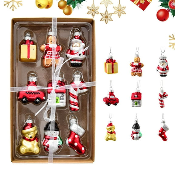 Dserhfy Christmas Mini Glass Ornaments Set Small Vintage Snowman Santa Tree Snowflake Candy Cane Ornaments for Xmas Tree Hanging Decor