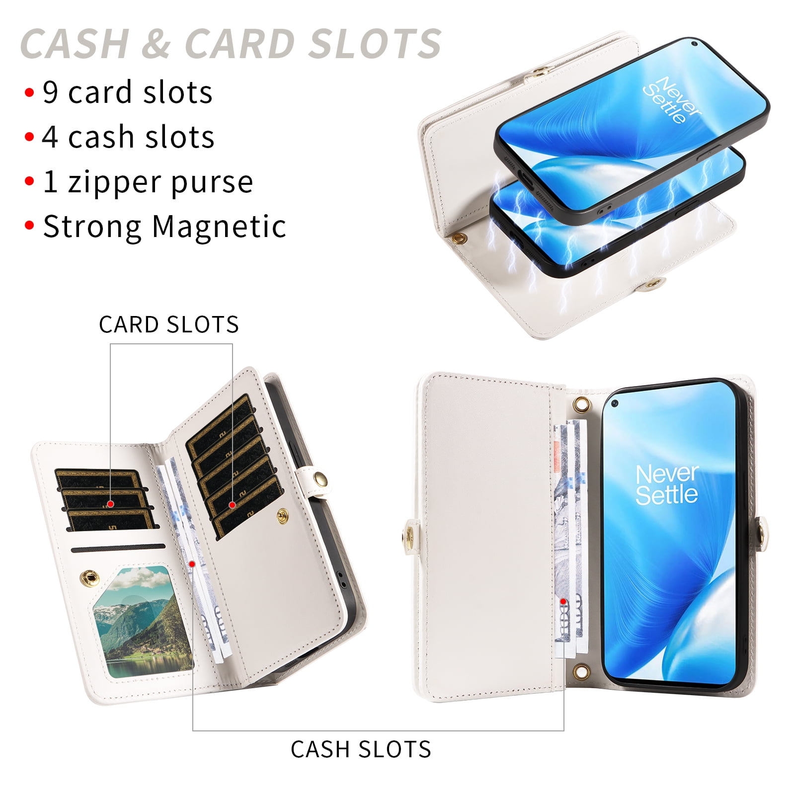 Phone Case for OnePlus Nord N200 5G Zipper Wallet Detachable Cell Cover with Tempered Glass Screen Protector Crossbody Lanyard Strap Bling Glitter Flip Card Holder Slot One Plus N 200 G5 Women White