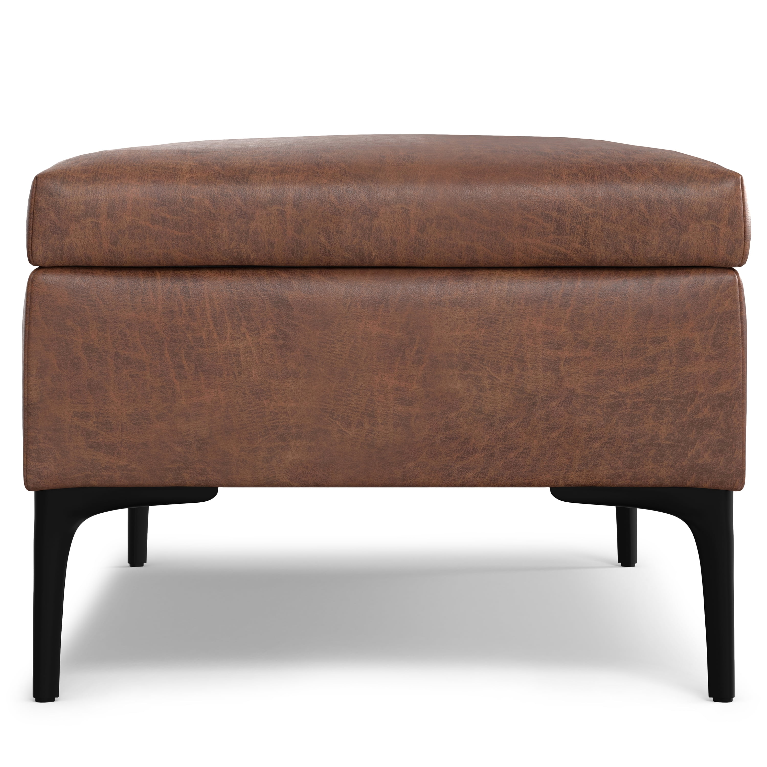 Simpli Home Rebecca 48 inch Wide Mid Century Modern Rectangle Large Coffee Table&nbsp;Storage Ottoman with Lift up Lid in Distressed Saddle Brown Faux Leather