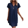 thumbnail image 3 of Fartey Cotton Linen Dresses for Women Casual Button V Neck Short Sleeve Mini Dress Fashion Solid Color Beach Sundress Navy L, 3 of 8