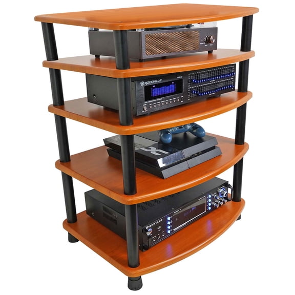 Rockville FLX Classic Wood Bundle: 4 Shelf Adjustable Height Audio Rack Stand, Add On Shelf with Tubes, 5 Shelf Home Theater Storage, 2-items