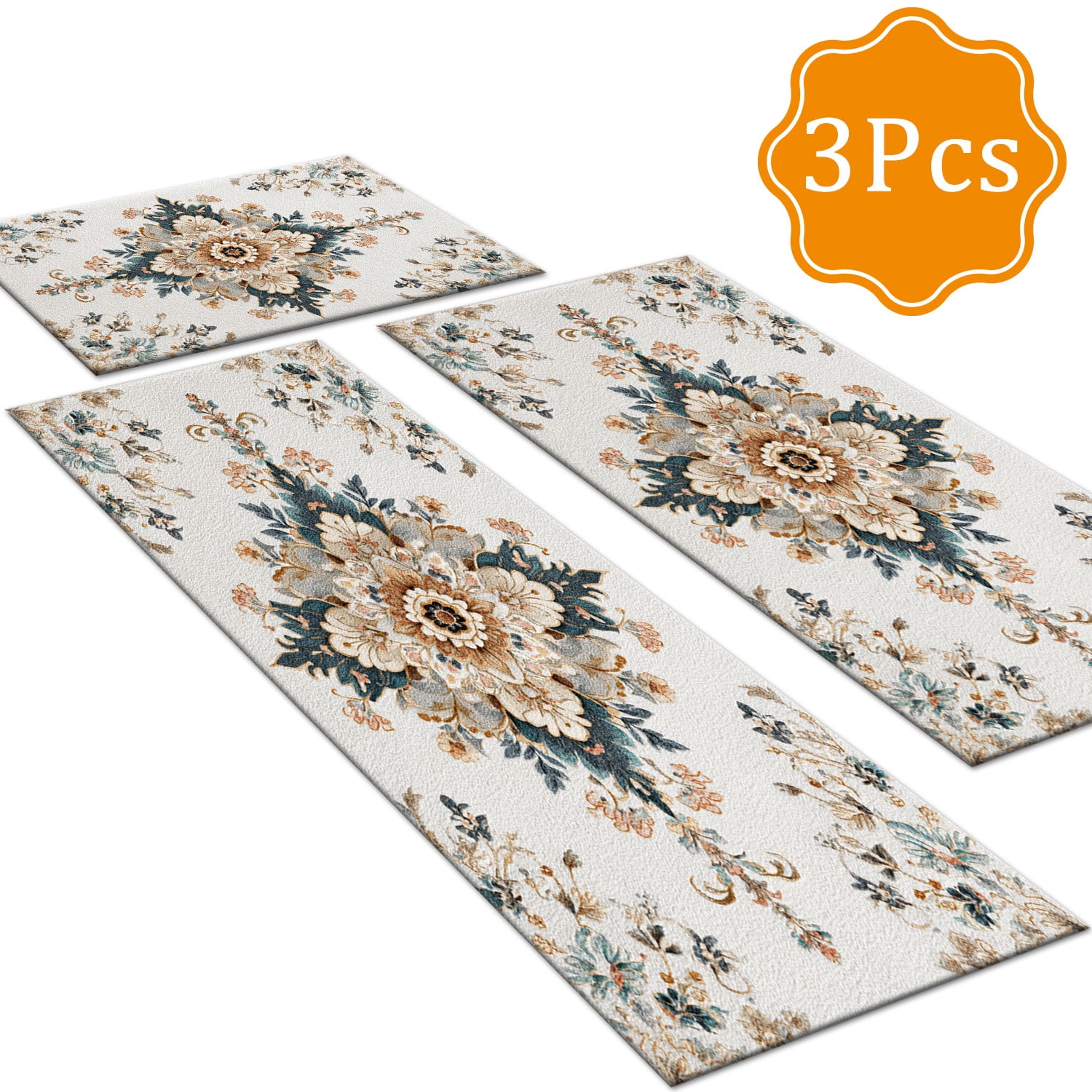 3 Piece Kitchen Rug Set, Non-Slip And Washable, Abstract Pattern Kitchen Hallway Rug, Soft And Comfortable, Suitable For Sinks, Floors, Entrances, Hallways and Bathrooms