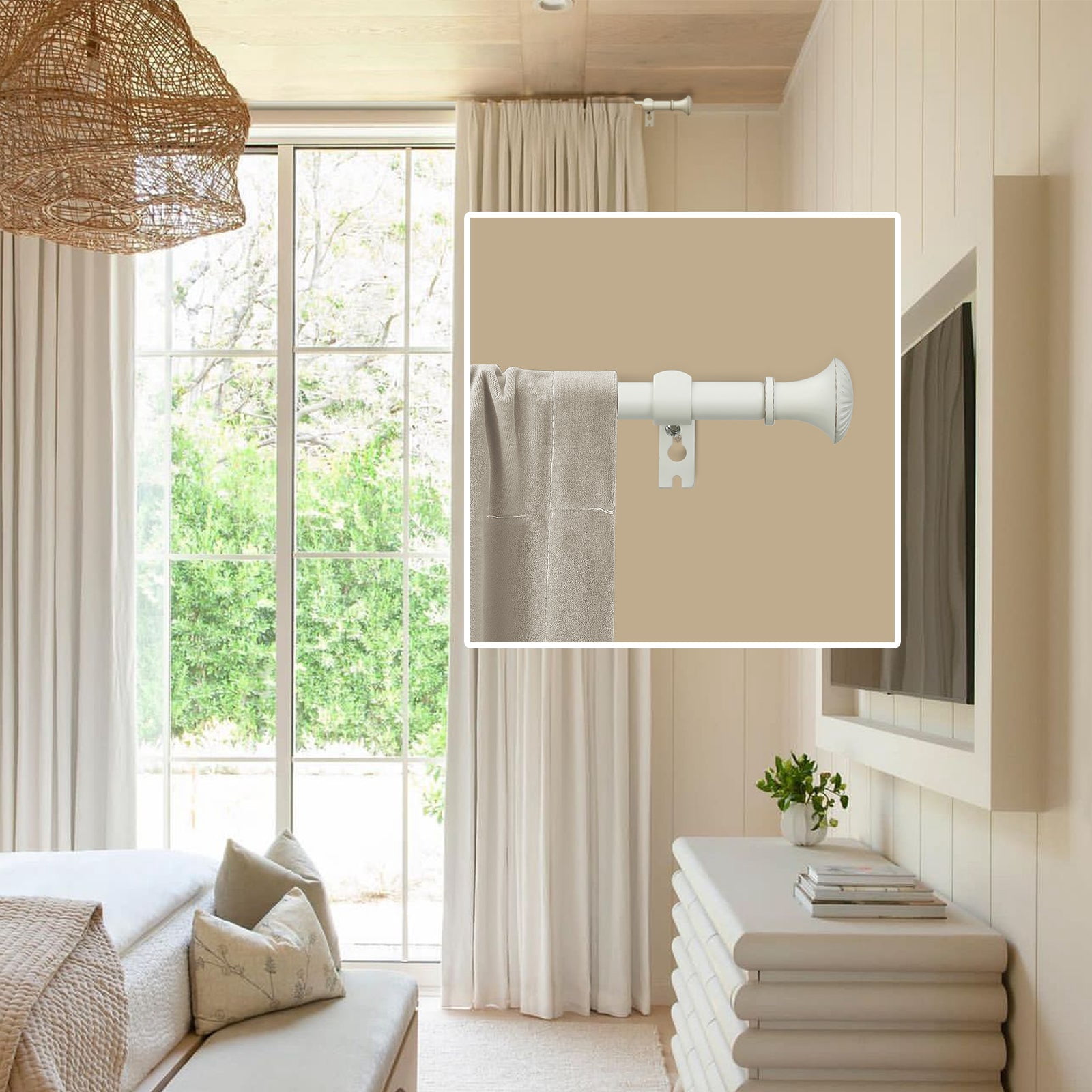 Ridicili 5/8" Telescoping Single Curtain Rods with Trumpet Finials,Weathered White, 84"-120"