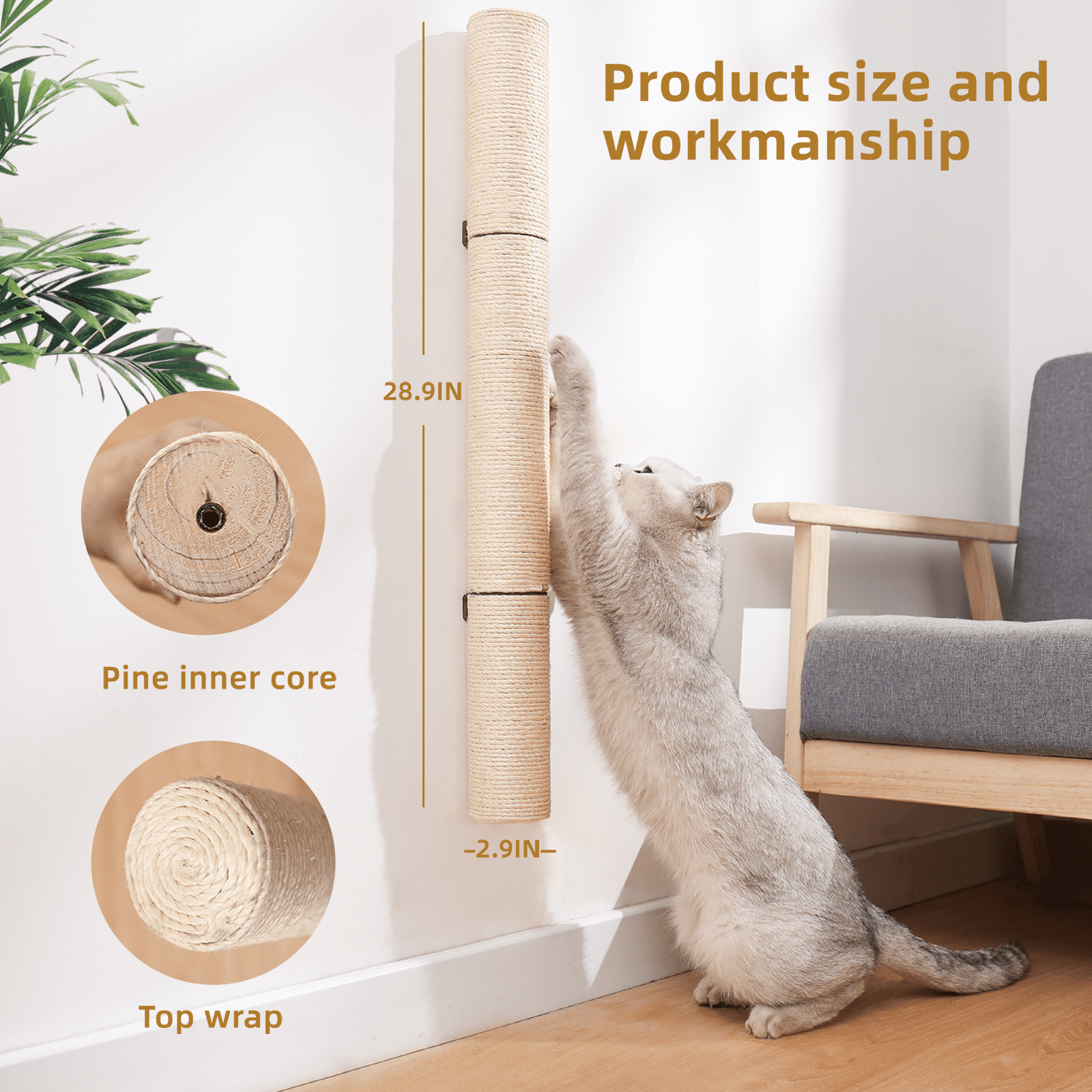 MIUZMORE 28.91in Cat Scratching Post, Wall-Mounted Scratching Post, Sisal Cat Scratcher, Scratchers for Indoor Pets