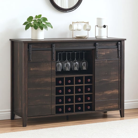 Ourlova Bar Cabinet 47 inch Buffet Server Sideboard with Sliding Barn Doors Farmhouse Storage Cabinet Cupboard Table with Adjustable Shelf for Kitchen Dining Room Dark Brown