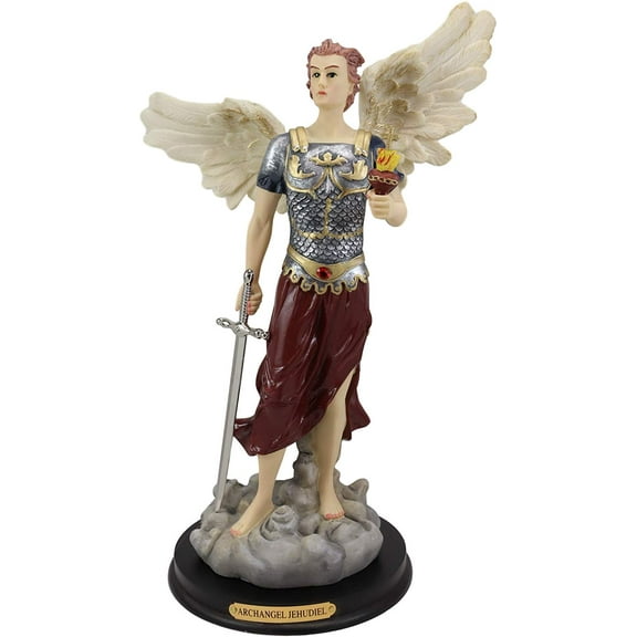 Ebros Byzantine Archangel Saint Jehudiel with Brass Name Plate Wooden Base 14"H