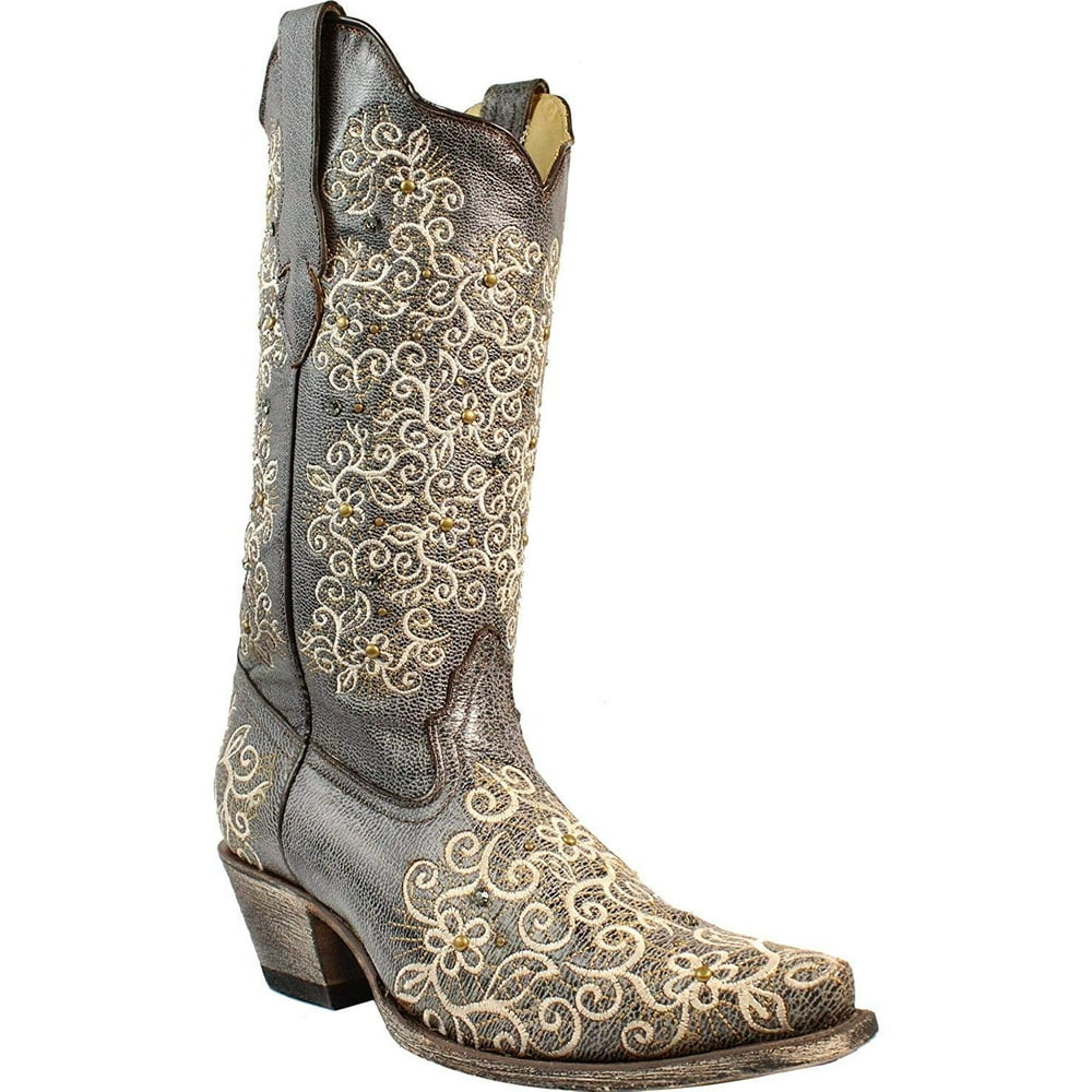 Corral Boots - CORRAL Women's Grey Floral Embroidered Studs and Crystals Cowgirl Boot Snip Toe 