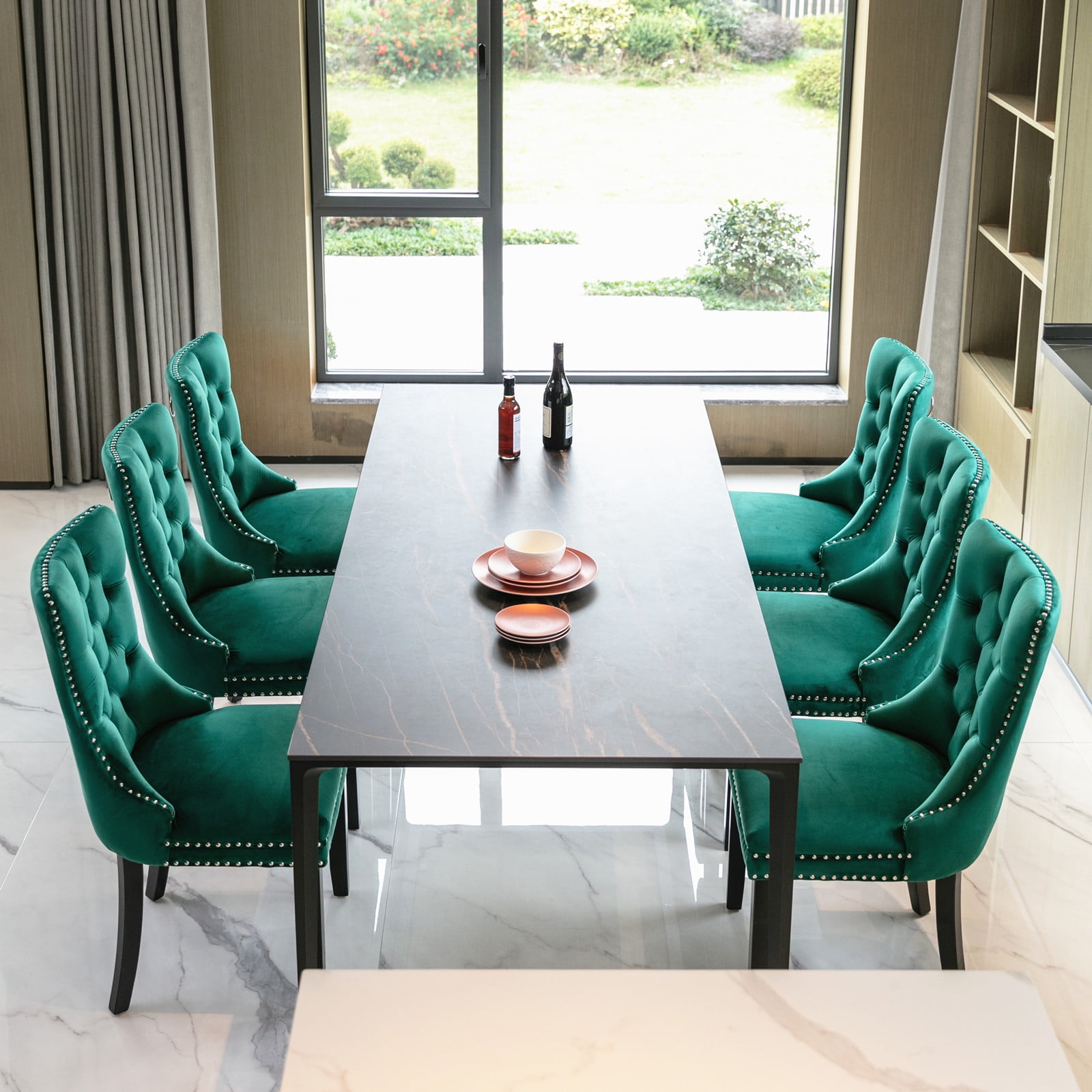 Leumius Dining Chairs Set of 2, Velvet Upholstered Kitchen Side Chairs with Ring Pull Trim and Button Back, Solid Wood Luxury Dining Room Chair for Living Room, Bedroom, Kitchen, Green