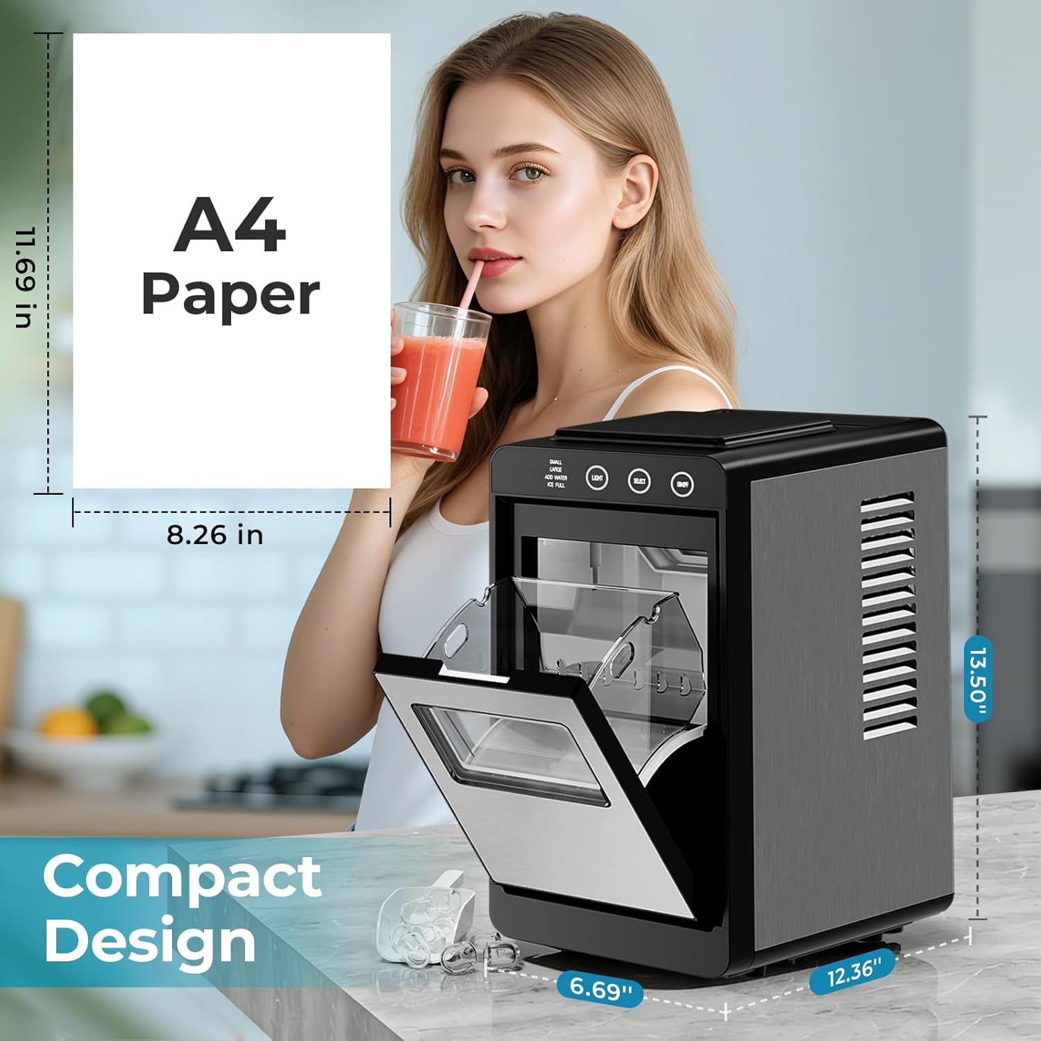 Ice Makers Countertop,26Lbs/24H,8Pcs in 6Mins,Portable Ice Maker Machine with 0.8 L Water Tank,Self-Cleaning,Interior Lighting,2 Sizes of Bullet Ice for Home/Kitchen/RV/Camping(Stainless Steel)