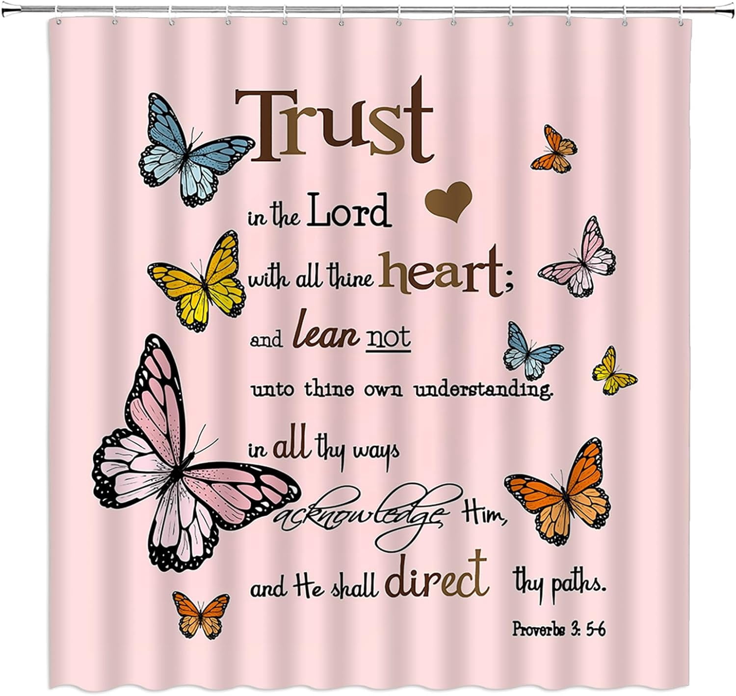 Inspirational Quote Trust in The Lord Shower Curtain Butterfly Motivational Words Romantic Modern Bathroom Decor Fabric Curtain with Hooks