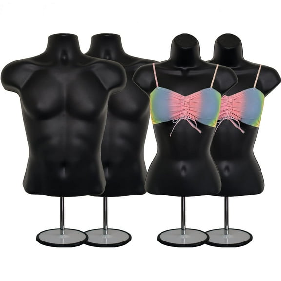 DisplayTown Black Male and Female Mannequins Set Hollow Back Body Torso Set w/Metal Stand and Metal Pole and Hanging Hook, S-M Sizes (Set of 2)