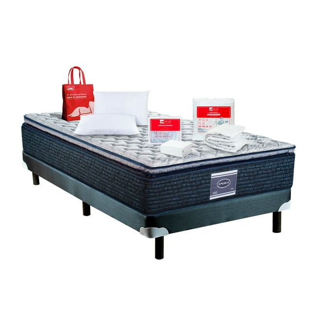 Colchon Paqt Matrimonial América Frida + Box + Almohadas + Protector y Jgo sabanas Basic Atlas