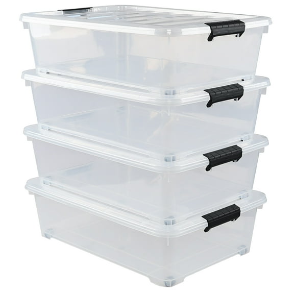 Dehouse 25 L Plastic Flat Storage Bins Under Bed with Lids, 4 Pack Under Bed Clear Latch Bin with Wheels