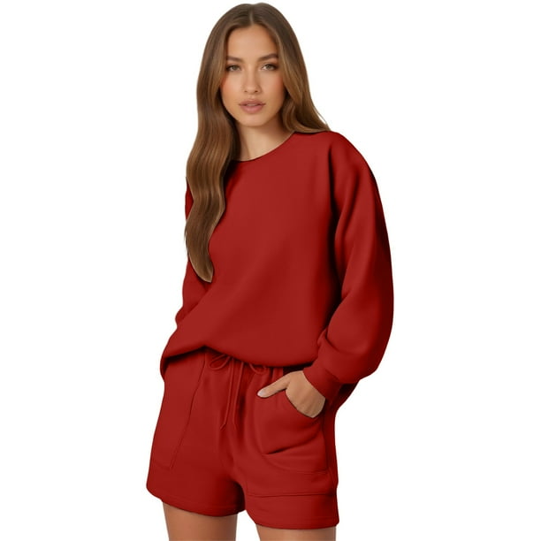 Conjunto de camiseta de manga larga y pantalones cortos para mujer - Conjunto informal con cordón y bolsillos - Tejido de poliéster - S-XXXL