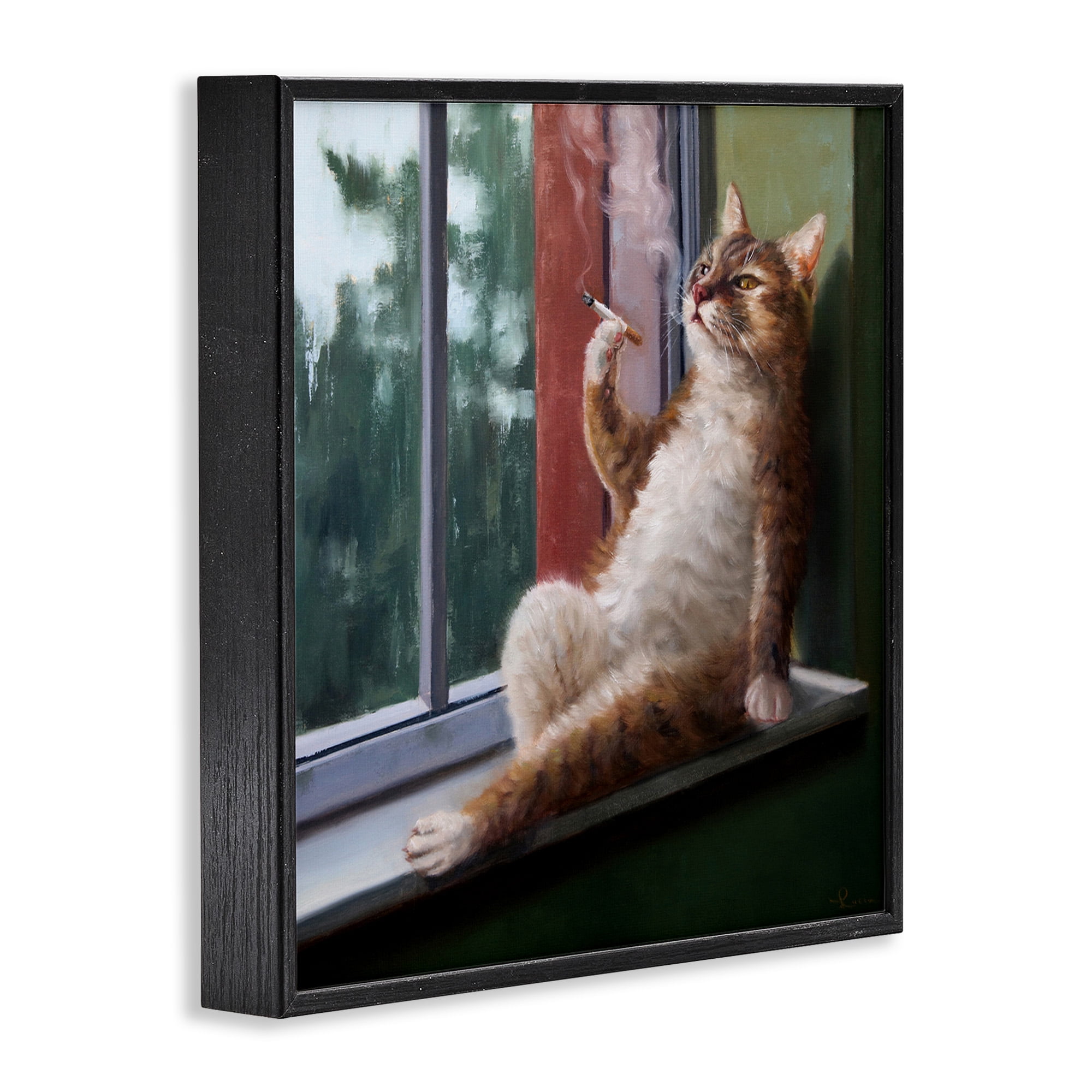 Stupell Industries Cat Smoking Lounging in Window Animals & Insects Painting Black Framed Art Print Wall Art, 24 x 24