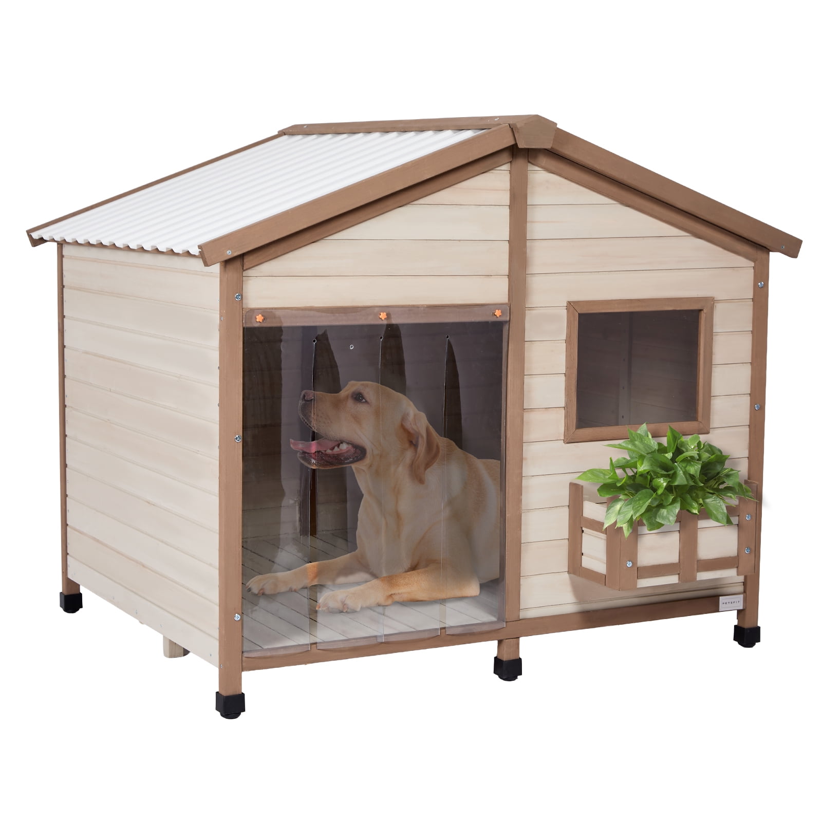 Petsfit 47" Dog House Outdoor with Waterproof PVC Roof, Extra Large Dog House for 2 Medium Dogs, Dog House Outdoor Large Breed, XXL Dog Houses with Window, Beige