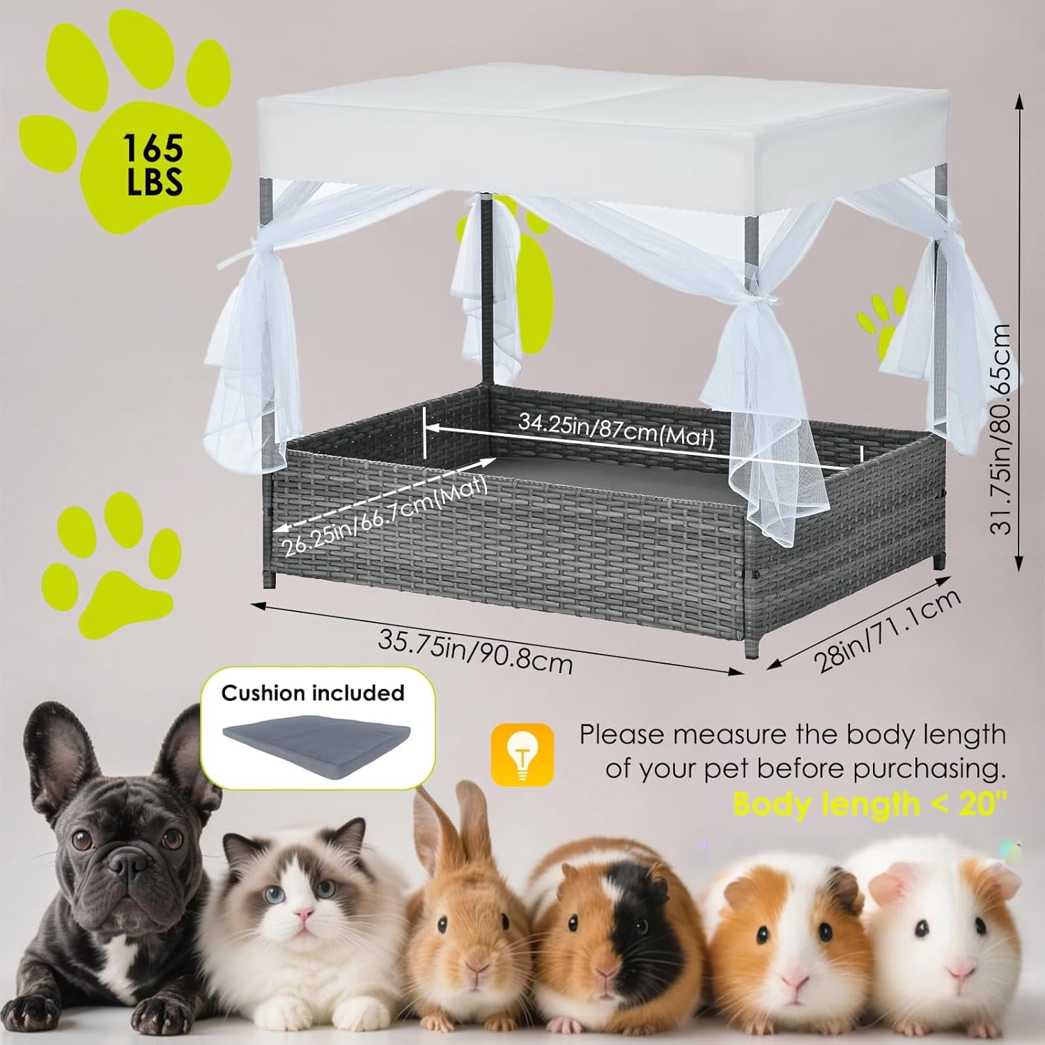 36"Wicker Dog House Outdoor Indoor with Canopy, Weatherproof Outside Dog Shelter Bed with Cushion, 4-Sided Mesh Windows, Pet House Tent Shade for Small Medium Dogs, Rattan Dog Cot for Deck Patio Yard