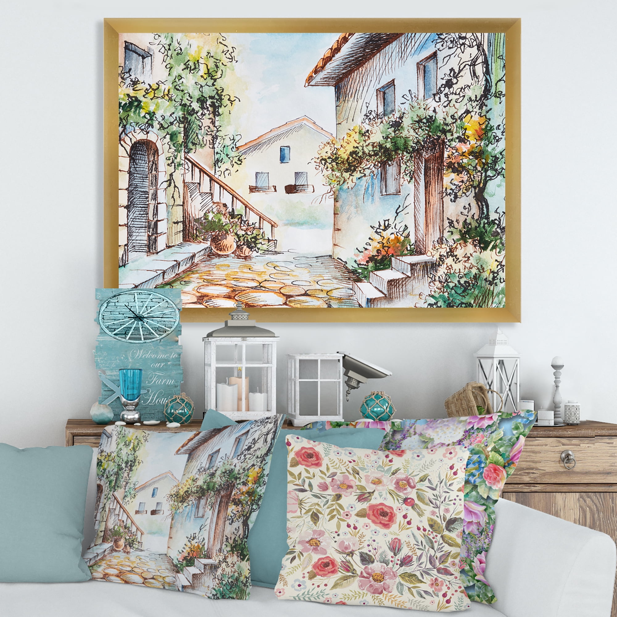 Designart 'Sunny Day At The Vintage City Cozy Street' Traditional Framed Art Print