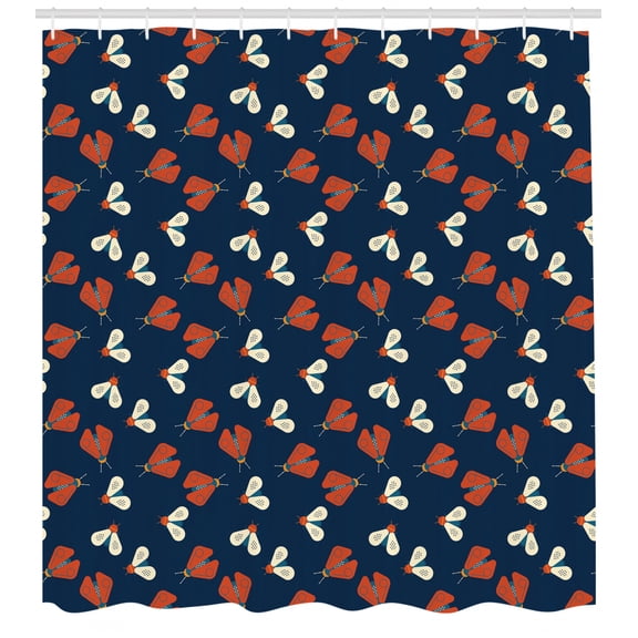 Firefly Shower Curtain, Vibrant Winged Spiritual Spring Animals Flying Botanical Insect Theme, Fabric Bathroom Set with Hooks, 69W X 75L Inches Long, Night Blue Scarlet Cream, by Ambesonne