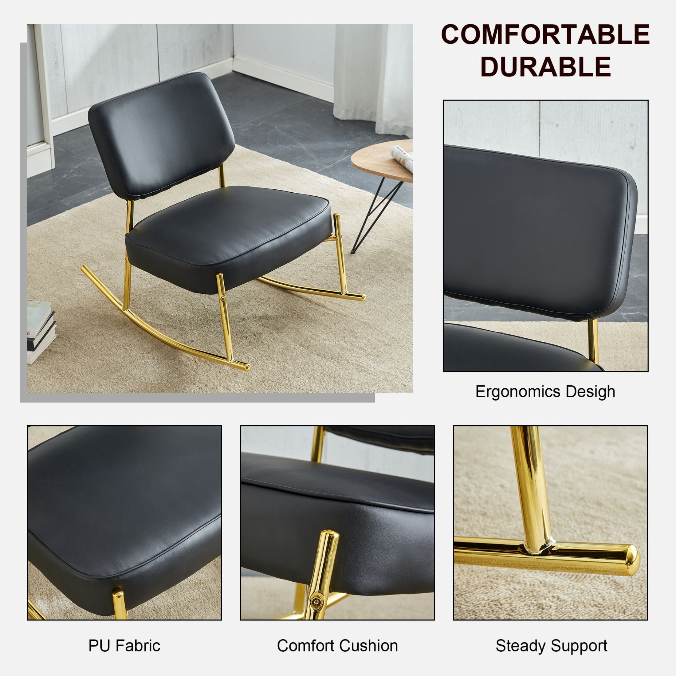 Aukfa Deep Seating Rocking Chair with PU Leather Padded Seat, Golden Metal Legs for Living Room, Black