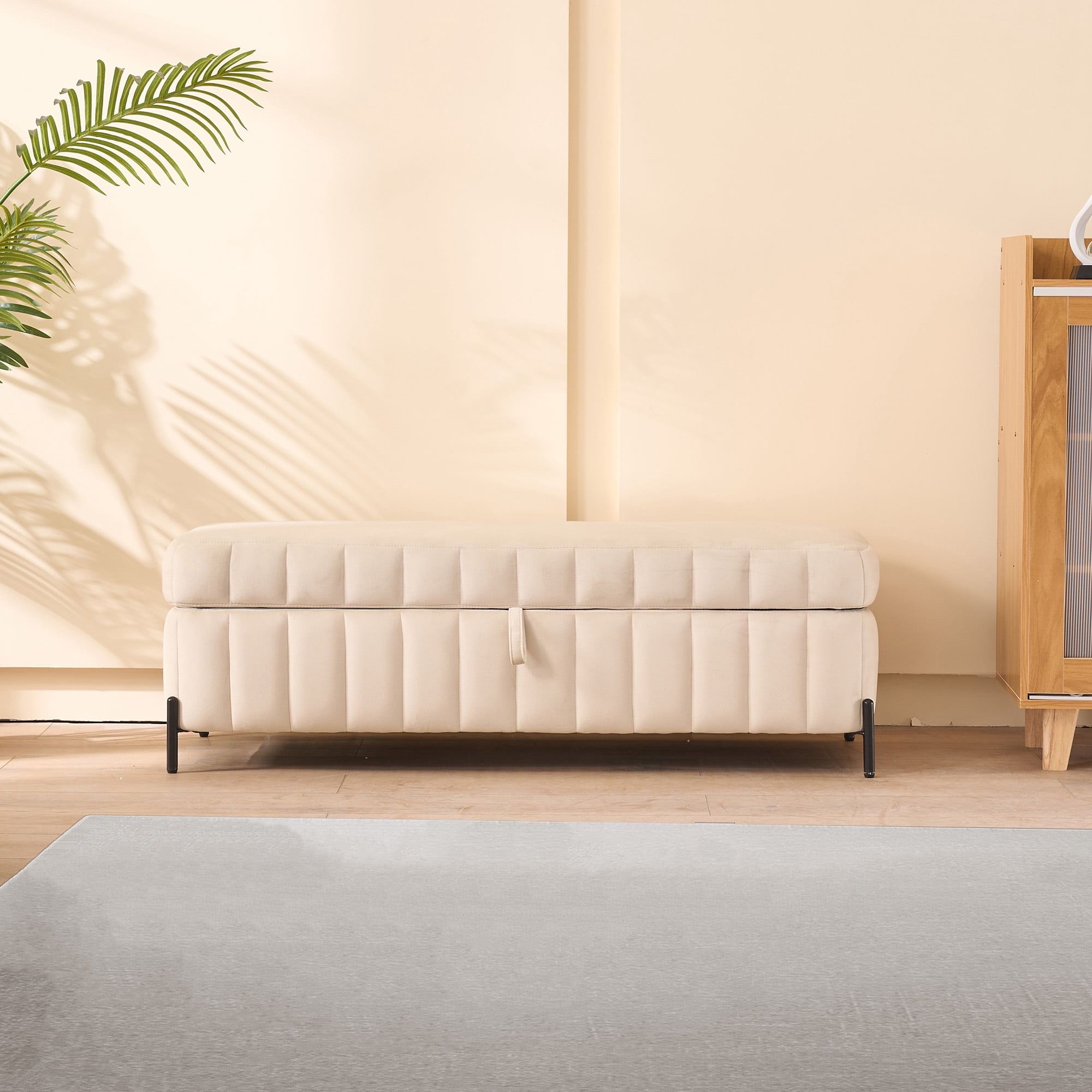 Storage Bench, Beige Velvet Upholstery with Hidden Compartment, 49.21 Inch Wide Soft Footstool Ottoman for Bed End, Living Room, Entryway, Black Metal Legs, 275 lb Capacity