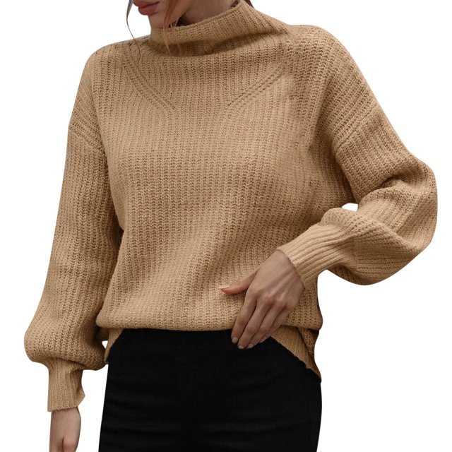 Gibobby Suéter de cuello alto mujer, Suéteres de invierno para mujer 2023, estilo casual, cuello alto, manga larga, abertura lateral, suéter, sueltos, para mujer(Caqui,CH)