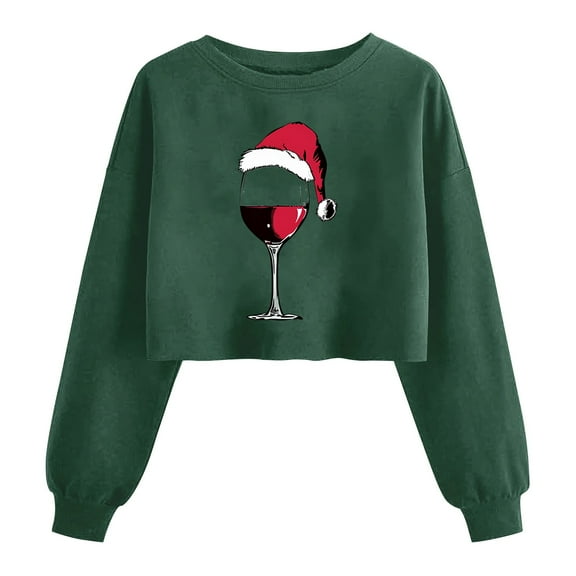 Women’s Cute Christmas Tree Crop Sweatshirt Long Sleeve Xmas Graphic Pullover Holiday Family Matching Top Funny Santa Lantern Sleeve Tee,Green,L