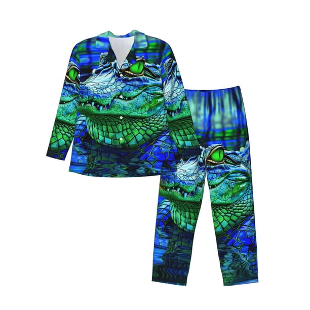 Balery Colorful Stained Glass Crocodile Pijama para Hombre de Dos Piezas con Manga Larga, Conjunto de Dormir y Descanso Suave con Bolsillos-Medium