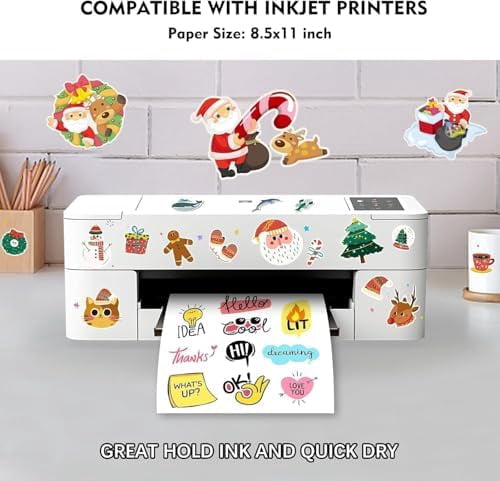Quivanta 60 Sheets Premium Printable Vinyl Sticker Paper for Inkjet Printer, Glossy White Waterproof, Dries Quickly, Vivid Colors, 8.5x11 Inkjet Vinyl Sticker Paper Great for Cutting Machines