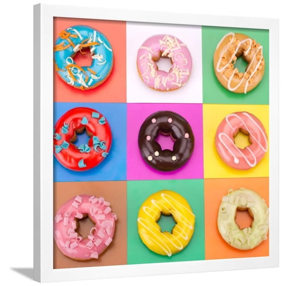 Delicious Donuts Isolated on Colorful Background, Framed Art Print Wall Art by EM Arts Sold by Art.Com