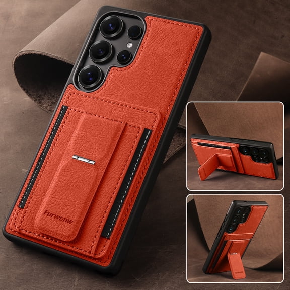 For Samsung Galaxy S26 Ultra Phone Case,With Card Holder,Foldable Invisible Kickstand,Heavy Duty PC TPU Hybrid Shockproof Drop protection,Anti-Scratch Non-Slip Durable Rugged Phone Case,Orange