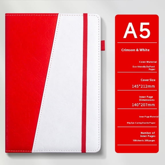 Lined Notebook Journal, 200 Pages Classic Hardcover Notebook, Writing Journal Notebook with Pen Loop, Thick Paper Pocket for Work Note Taking Office School (Red white)