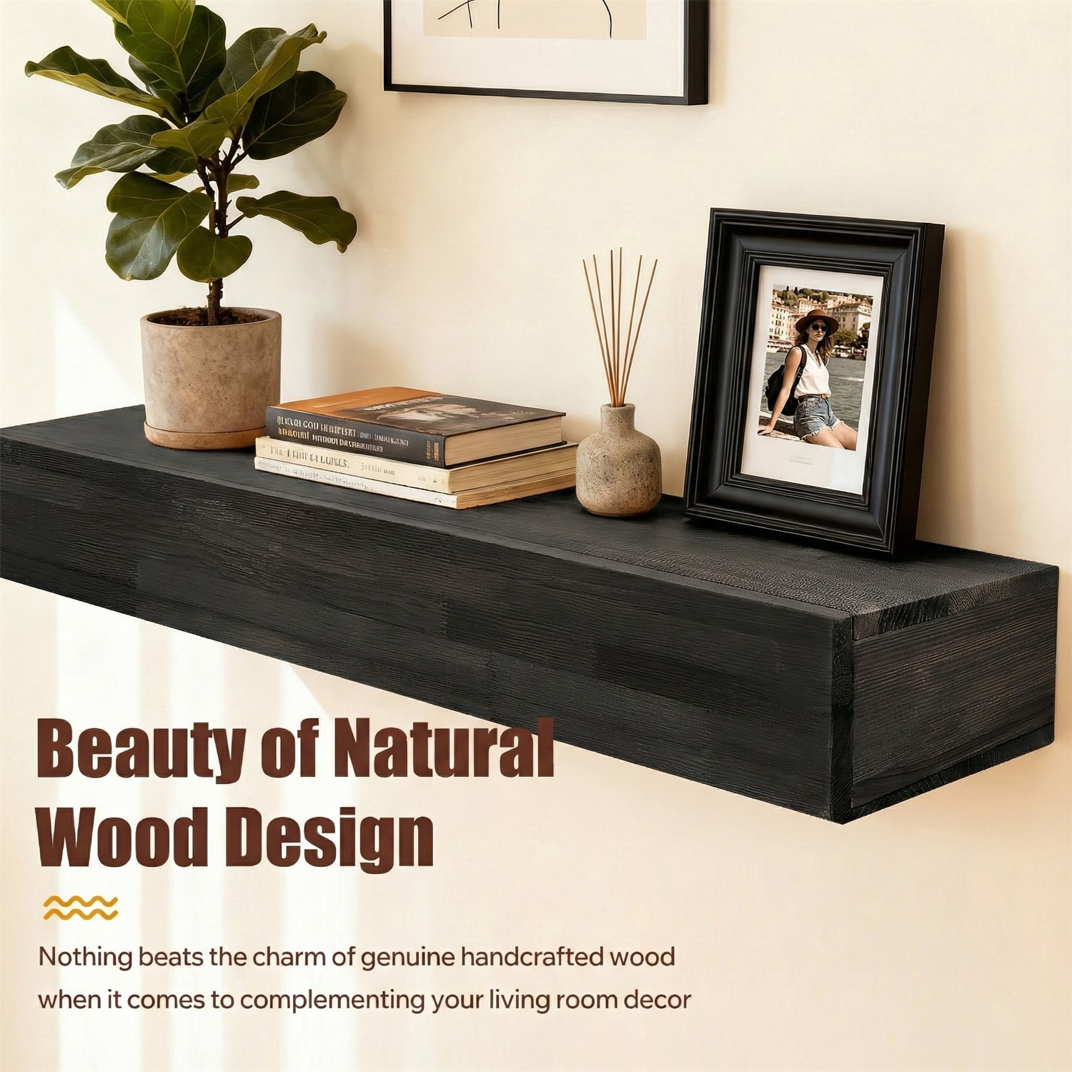 Hommoo 72" Rustic Wood Fireplace Mantel Wall-Mounted & Floating Shelf for Home Decor, Black