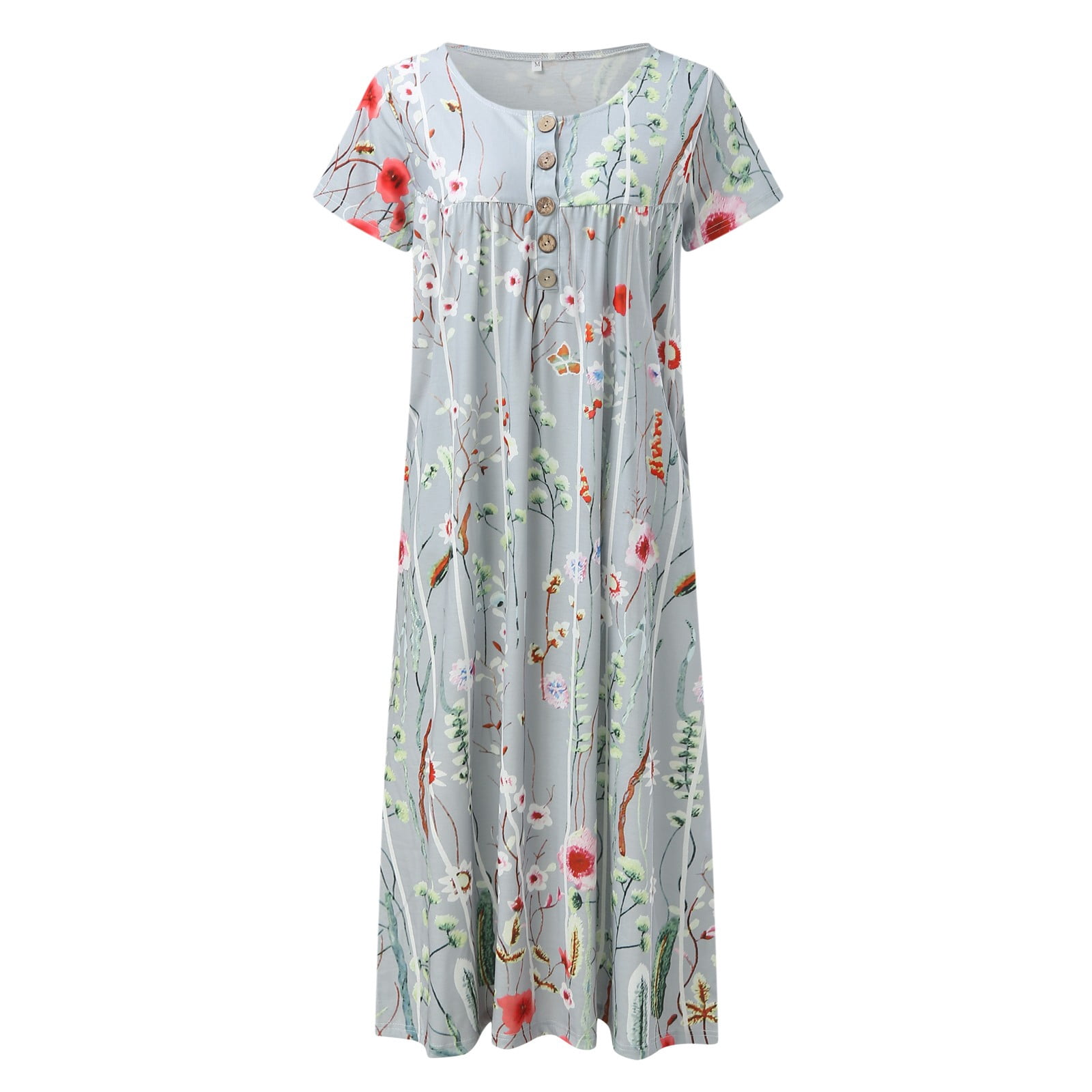 Jamsmile Womens Dress Summer Short Sleeve Long Casual Flowers Print Button Round Neck Dresses Loose Beach Boho Holiday Sundress