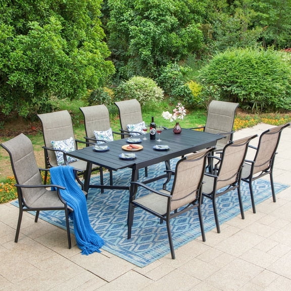 SUMMIT LIVING 9-Piece Outdoor Patio Dining Set with Large Expandable Metal Steel Table & High-back Textilene Padded Chairs for 8 Person, Black & Tan