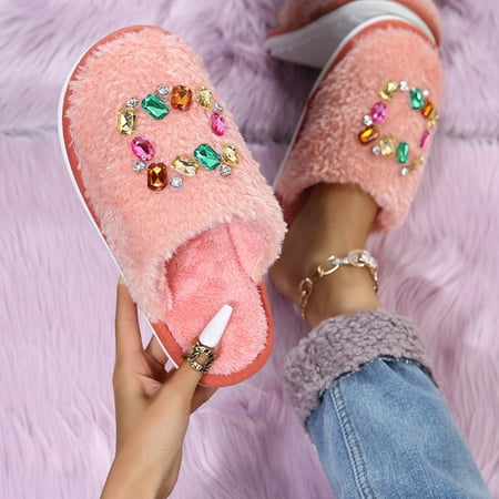 

FITORON Womens Fuzzy Slippers- Winter Flat Shoes Fuzzy Slippers Rhinestone Plush Cozy Fur Slides Soft Warm House Shoes Pink 35