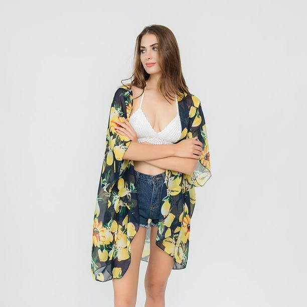 Cárdigans kimono para mujer de bohemio con estampado floral en la parte delantera abierta para cubrir Capas blusas Azul oscuro Yinane Cárdigan tipo kimono de playa