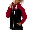 thumbnail image 2 of Color Bloeck Stripe Drawstring Pullover Pile Neck Casual Hoodie Sweatshirt for Women Fuzzy Tunic Outwear Tops with Pocket Red Jacket Coat Women Size Large, 2 of 6