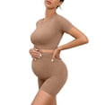 thumbnail image 2 of successthop Maternity Sets 2 Piece Outfits Dry Fast Short Sleeve Tops and Shorts Summer Airport Travel Outfits Brown M, 2 of 6