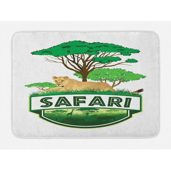 Safari Bath Mat, African Savannah with Lion and Green Trees Wilderness Exotic Nature, Non-Slip Plush Mat Bathroom Kitchen Laundry Room Decor, 29.5 X 17.5 Inches, Sand Brown Hunter Green, Ambesonne