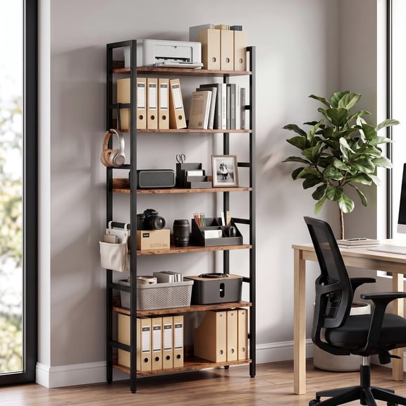 6 Tier Bookshelf with Adjustable Shelves, Metal and Wood Open Bookcase,Tall Industrial Storage Shelf, Rustic Brown