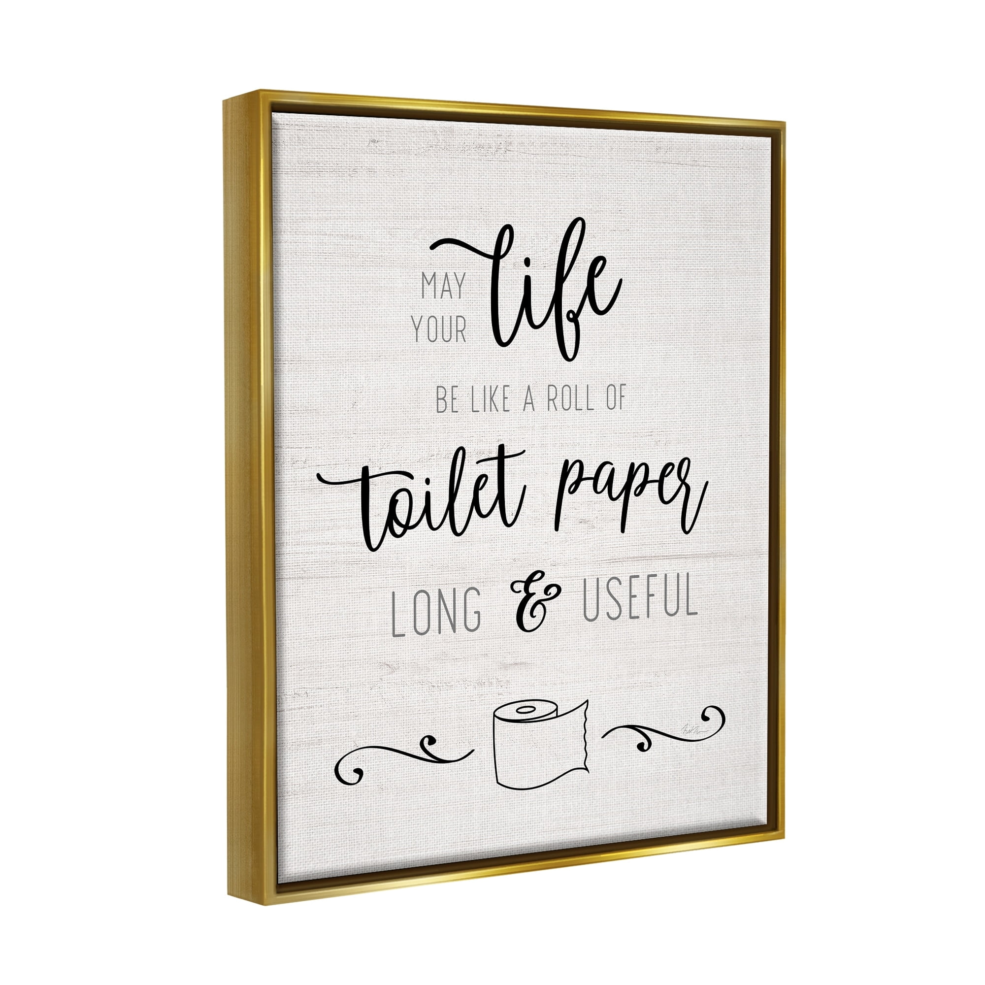 Stupell Industries Life Like Toilet Paper Roll Long and Useful Phrase Metallic Gold Framed Floating Canvas Wall Art, 24x30, by Natalie Carpentieri