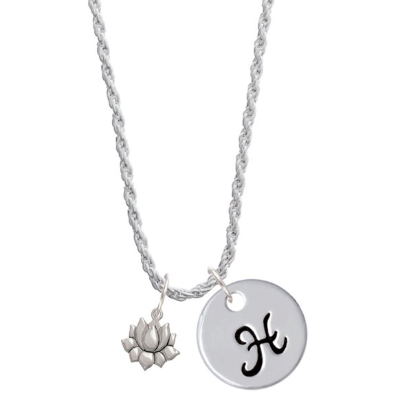Delight Jewelry Silvertone Mini Lotus Silvertone Script Initial Disc - H - Charm Necklace, 20"+3"