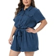 thumbnail image 2 of DARING DIVA Women's Plus Button Down Roll Short Sleeve Belted Jumpsuits 1X Dark Blue, 2 of 6