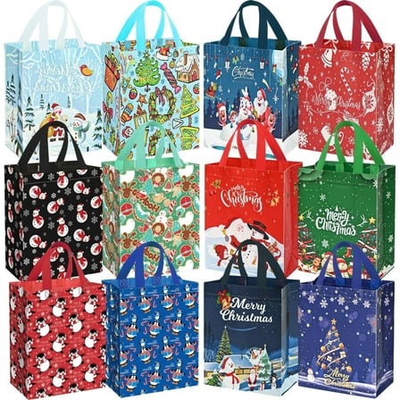 12Pack Small Christmas Gift Bags, Non-woven Reusable Xmas Bags,12 Different Style Christmas Tote Bags with Handles, Holiday Gift Bags for Xmas Presents, Kids, Party Favors