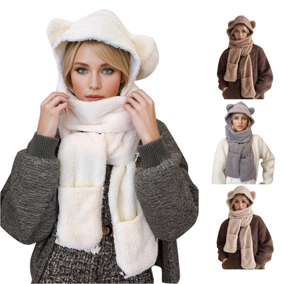 Women's Cartoon Cute Bear Hat Scarf Autumn Lightweight Warm Comfortable Ear Surround Connect Hat Scarf Set